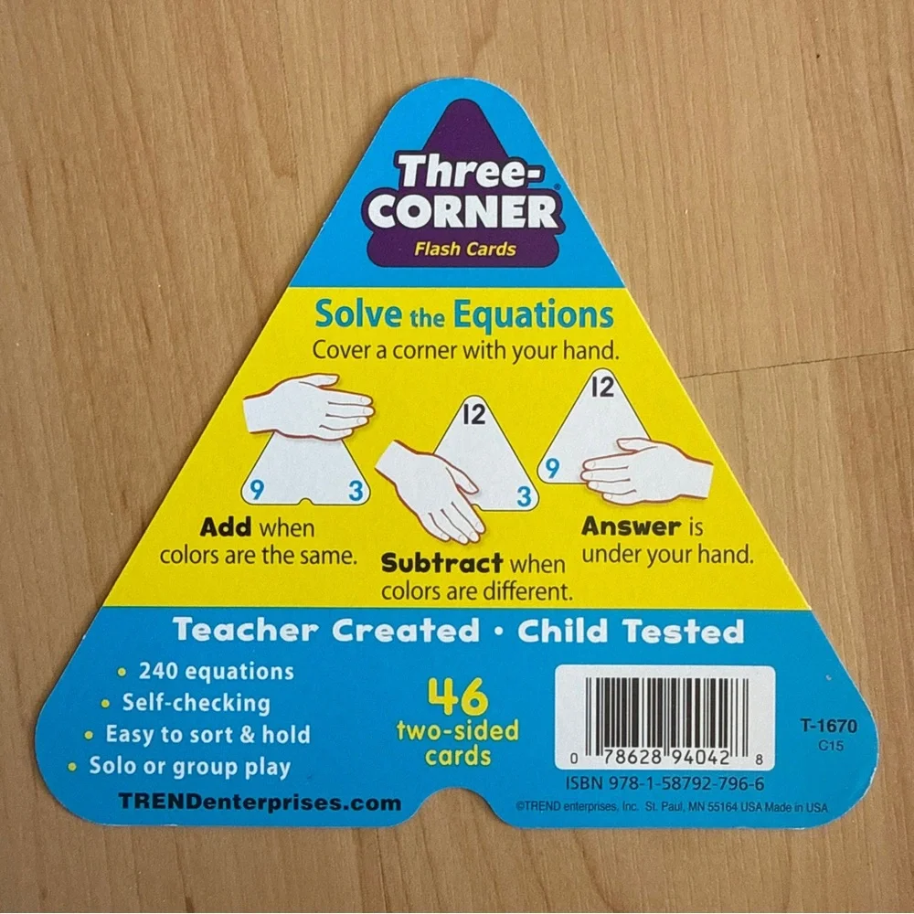 Lot of 2 Three-Corner Flash Cards: Addition/Subtraction, Multiplication/Division